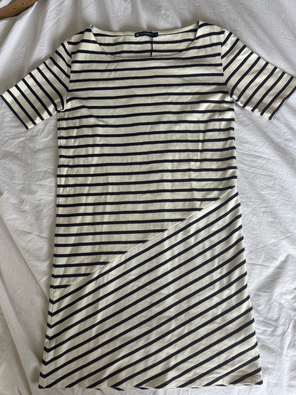 NWOT Petit Bateau Black and Cream Striped Mini Dress, Sz XXS
